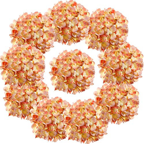 LUSHIDI Lot de 10 hortensias artificielles en Soie, Fleurs Artificielles avec tiges pour décoration de Maison ou de Mariage Orange Clair