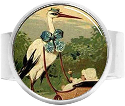 Handgefertigter feiner Storch- und Babywagen-Schmuck, Charm-Ring, Vintage-Kunst, Fotoschmuck