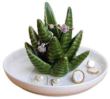 PUDDING CABIN Aloe Ring Holder,Cactus Ring Dish,Jewelry Holder Trinket Tray for Rings Earrings Necklace Organizer,Bridesmaid Christmas Birthday Gift for Women Girls