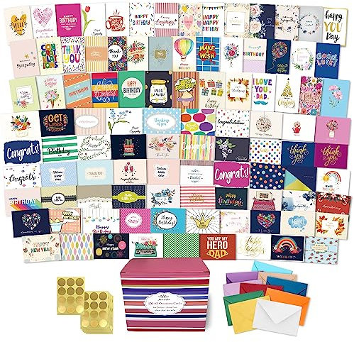 Janvale 100 All Occasion Cards Assortment Box with Color Envelopes，All Occasion Cards Set with Greeting Inside, Large 5 x 7 inch Cards with Stickers and Dividers