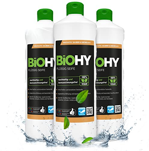 BiOHY Flüssig Seife (3 x 1 Liter) | Hautschonende, rückfettende & flüssige Handseife | PHOSPHATFREI | geruchsneutrale Hygiene | auch für das Gesicht geeignet | ohne Parfüm & Farbstoffe