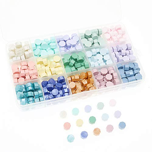 BITEYI Siegelwachsperlen,achteckig,für wachssiegel Stempel und Vintage-Hochzeitseinladung dekorativ,15 Farben,375 Stück (Helle Farbe)