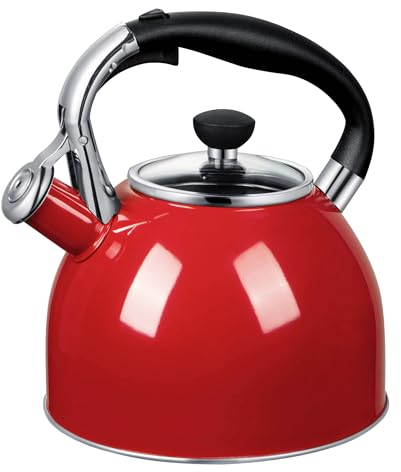 Rorence Whistling Tea Kettle: 2.5 Quart Stainless Steel Kettle with Capsule Bottom & Heat-resistant Glass Lid (Red)