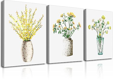 Piy Painting 3X Leinwanddruck, Wandbilder Leinwandbild, Kleine gelbe Blumen in der Vase, Kunstdruck auf Leinwand, Aquarell Bild Foto mit Keilrahmen für Deko Flur Wohnung Büro Restaurant 30x40cm