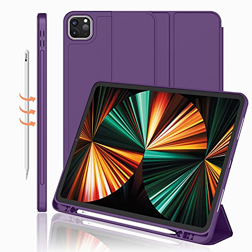 iPad Pro 12.9 Inch Case 2022/2021/2020 (6th/5th/4th Gen) with Pencil Holder [Support iPad 2nd Pencil Charging/Pair],Trifold Stand Smart Case with Soft TPU Back,Auto Wake/Sleep(Dark Purple)