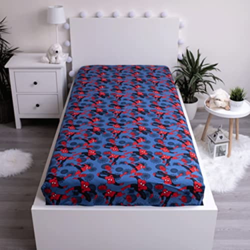 Jerry Fabrics F - Spannbettlaken – Spiderman – Blau – 1 Stück – Kinder – 1 Person – elastische Ecken – 90 x 200 cm – 100 % Baumwolle – Geschenkidee