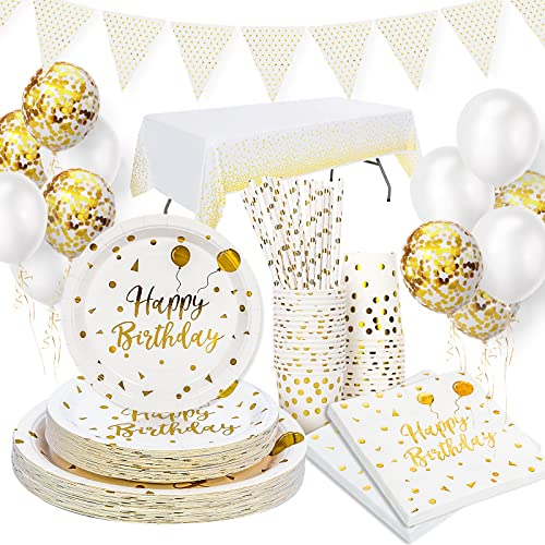 Vaisselle Anniversaire de fête, 20 invités blanc et or Vaisselle de fête Assiette en Papier Gobelet en Papier Pour les Fêtes, Mariages, Fêtes de Remise des Diplômes, Assiettes de Fête