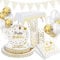 Vaisselle Anniversaire de fête, 20 invités blanc et or Vaisselle de fête Assiette en Papier Gobelet en Papier Pour les Fêtes, Mariages, Fêtes de Remise des Diplômes, Assiettes de Fête