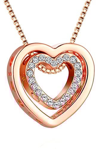 murtoo Women's Necklace Heart Pendant Silver Rose Gold Zirconia I Love You Jewelry Gift Box Valentine's Day (Rose Gold, I Love you)