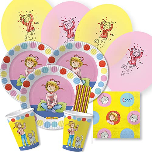 dh-konzept/spielum 52-teiliges Party-Set - Meine Freundin Conni - Teller Becher Servietten Ballons Trinkhalme für 8 Kinder
