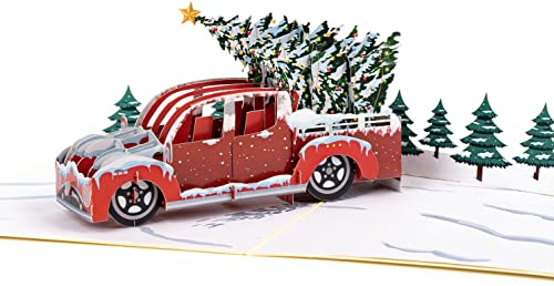 LIMAH® Pop-Up 3D Weihnachten- Weihnachtskarte mit einem Auto und Weihnachtsbaum– passend zum Gutschein oder Geldgeschenk – für Frau und Mann- Weihnachtstruck