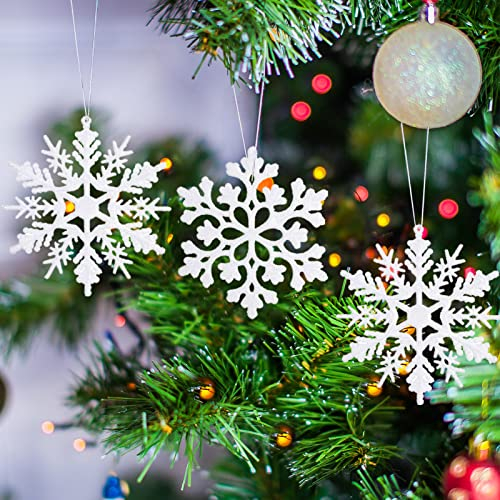 YIEUR 30 Stück Schneeflocken Weihnachten Weiß Deko Anhänger, 10cm Weihnachtsbaum Glitzer Schneeflocken Anhänger Plastik Weihnachtsbaumschmuck (Weiß)
