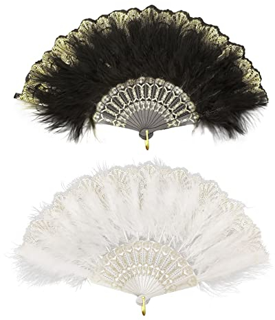 MIVAIUN 2 Pieces Folding Handheld Feather Fan Embroidered Flower Marabou Feather Fan, 20s Vintage Folding Fan, 1920s accessories for Costume Halloween Dancing Wedding Party Prom Tea Party (2 Pieces)