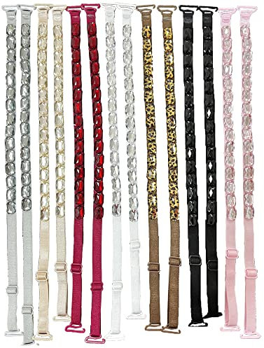 Lot de 7 paires de bretelles de soutien-gorge brillantes avec strass invisibles et élastiques réglables et amovibles pour soutien-gorge, jupe, hauts, robe, Gris, rose, noir, rouge, taille réglable