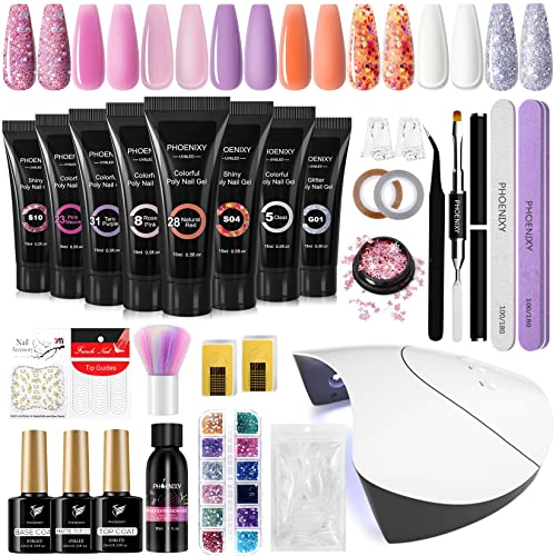 Kit de Gel pour Ongles en Poly, Phoenixy 8 Couleurs 15 ml Vernis a Ongle en Poly avec Lampe à Ongles 36W, Kit Ongle Gel UV Complet Nail Art à la Maison Cadeau pour les Femmes