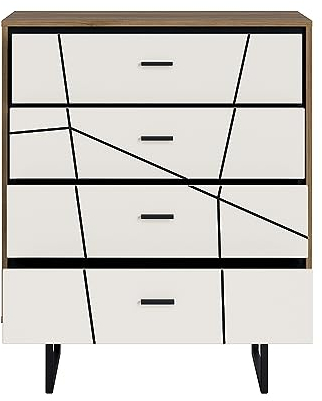 Kommode mit 4 Schubkästen Sideboard Schubladenschrank modern Metallgestell in Catania Eiche Nb. mit schwarz und weiß Hochglanz, B/H/T: ca. 85,5/103/50 cm