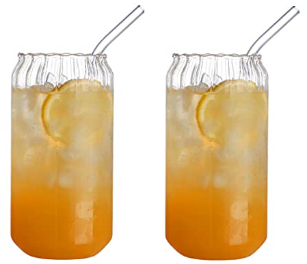 URMAGIC Lot de 2 gobelets en verre nervurés avec pailles en verre, 400 ml, verres vintage en forme de canette, verres à bière, tasses en verre style origami, tasses à café glacé, ZH UK 076