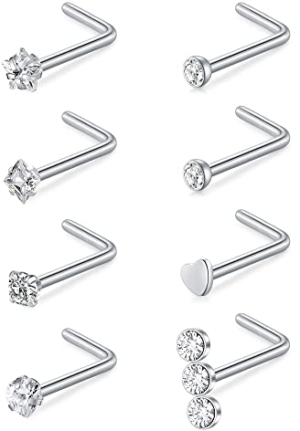 VFUN 22G 0.6MM Nasenstecker L-Form Diamant CZ Nasenpiercing Herz Nasen Piercing Nase Stecker Chirurgenstahl Nostril Piercing Damen 8 Stück Silber