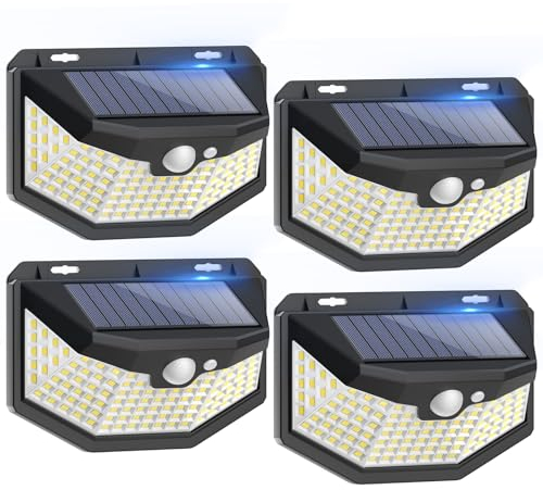 Lampada Solare da Esterno IP67 Impermeabile con Sensore di Movimento Luce Solare LED Esterno Giardino 115LED/3 Modalità,Faretti Solari a LED da Esterno Superficie Multi Illuminata per Parete, 4 Pezzi