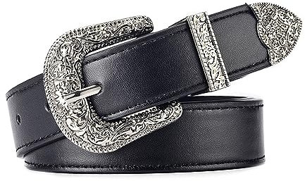JK Home 108 cm Vintage-Gürtel für Damen und Herren, mit Schnalle, Metall, Western-Cowboy, Kunstleder, 2,8 cm breit, für Cowgirl-Hose, Silberfarben / Schwarz., 108x 2.8cm