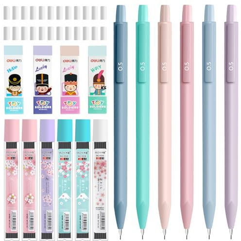 OFFCUP Druckbleistift-Set, 6 Minenbleistift 0.5mm, mit 6 Tuben Bleistiftmine, 4 Radiergummis, Pastell-Druckbleistift-Set mit Radierspitze