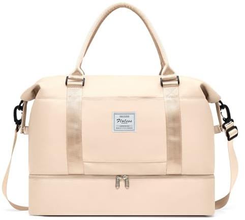 Reisetasche mit Schuhfach, Wochenendtasche für Damen, Reisen, Handgepäcktasche mit Trolleyhülle und Nassfach, Beige, Medium, Mittelgroße Reisetasche