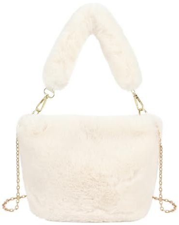 Meliyya Damen Fellimitat Schultertasche Plüsch Umhängetasche Flauschige Handtasche mit Ketten Plüsch Griff, Beigeweiß