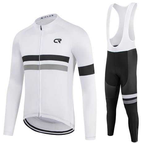 CR Winter - Maglia da ciclismo da uomo, a maniche lunghe, in pile termico + salopette, set di abbigliamento invernale da uomo, bianco, Small