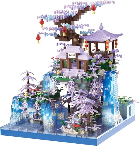 Feenpavillon Architektur Bausteine, Chinesische Architektur Bausteine, 2436 Teile Märchenland mit Sakura Baum und Wasserfällen Mini Baustein, Spielzeug Geschenk für Erwachsene und Kinder (M2073)