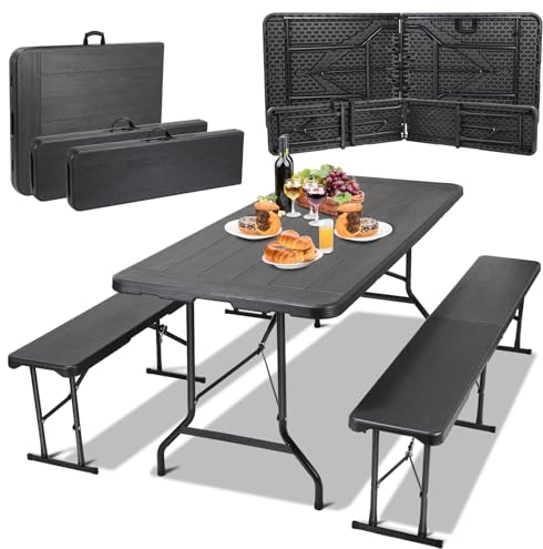 Bierzeltgarnitur Klappbar 3-teilig Set 1 Biertisch & 2pcs Bierbank Klappbar,Festzeltgarnitur Biertischgarnitur 180cm mit Tragegriff,Gartenmöbel Set Wetterfest,Campingtisch Outdoor & Indoor,Holz-Optik