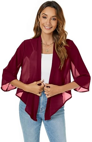 Famrrifuu Damen Bolero Chiffon Schulterjacke 3/4 Ärmel Elegant Kurze Cardigan Leichte Bolerojacke Festlich,Weinrot,XXL