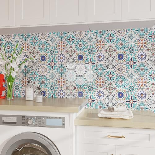VEELIKE Boho Fliesenaufkleber Küche Rückwand Klebefliesen Badezimmer Blau Marokkanische Sechseckig Fliesenfolie Küche Vintage Badfliesen Überkleben Küchenfliesen Wasserfest 30.5cm×30.5cm 6 Stück