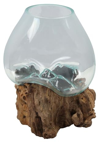 A21 Vase en verre sur bois de racine - Diamètre : 25 cm - Hauteur : 35 cm - En verre recyclé et bois de teck - Fait à la main - Extravagant - Vase décoratif naturel