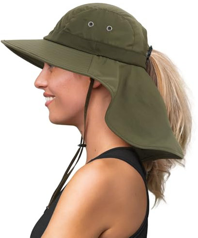 Creekstone Sonnenhut mit Nackenschutz Pferdeschwanz Loch, Breiter Krempe, UV-Schutz, Faltbar Wasserdicht Wanderhut Fischerhut, Damen und Herren (DE/NL/SE/PL, Alphanumerisch, Einheitsgröße, Grün)