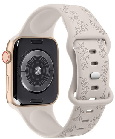 YLK Gravés Fleurs Bracelet Compatible avec Apple Watch 38mm 40mm 41mm 42mm 44mm 45mm 46mm 49mm Femme, Souple Silicone Bracelet de Remplacement avec iWatch Series 10 9 8 7 6 5 4 3 SE SE2 Ultra Ultra 2