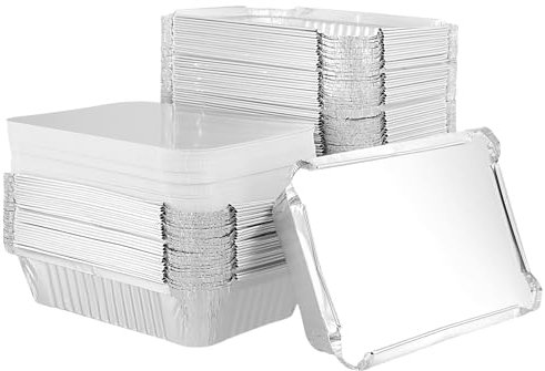 SINJEUN Paquete de 125 bandejas de aluminio con tapas, recipientes rectangulares de aluminio de 21 x 14 x 5 cm, bandejas de asar plateadas para cocina, camping, horneado