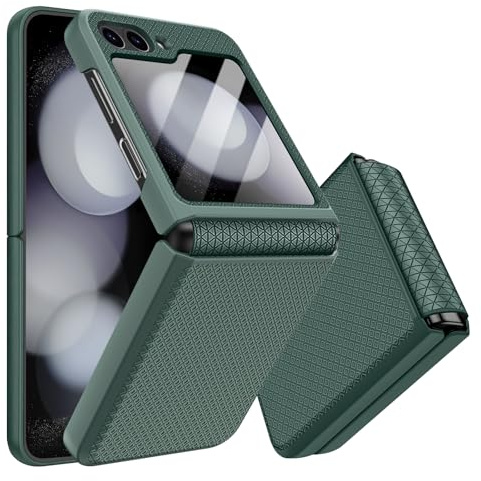 Giyer Handyhülle für Samsung Galaxy Z Flip 5 Hülle mit Displayschutzfolie Scharnierschutz, Rutschfester Textur Hard PC Rugged Stoßfest Schutzhülle für Samsung Z Flip 5 5G Flip Case Cover (Grün)