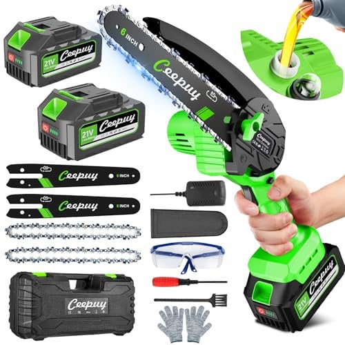 CEEPUY 10000mAh Mini Motosega a Batteria per Potatura,880W 6 Pollici sega elettrica per potatura con Pompetta Olio, Motosega Elettrica a Batteria per Il Taglio Del Legno Giardini