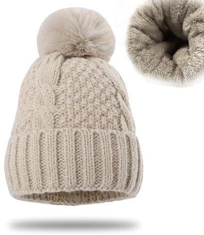 FOSDICK Mütze Damen Winter, Bommelmütze Damen Mit Weichem, Beanie Damen, Strickmütze Warme, Mütze mit Bommel Damen, Wintermütze, Beige Mütze Damen Gefütterte