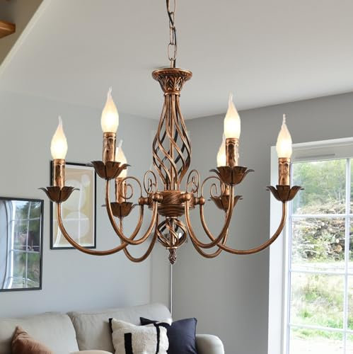 Riohan Kronleuchter Bronze Vintage, Rustikaler Kronleuchter LandhausKerze, 6 Lichter Kronleuchter Deckenleuchte Bauernhaus Klassische Pendelleuchte Hanging für Küche Wohnzimmer Schlafzimmer
