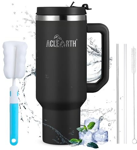 ACLEARTH® (Black 40oz Tumbler Travel Mug with Handle, Straws, Lid, Coffee, Travel Mug, Water Bottle, Flask, Leak-Proof, Insulated, Stainless Steel, Multi-Use, Gift for Men and Women.