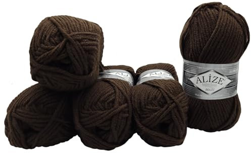 Ilkadim Export Superlana Maxi 5 x 100 Gramm schöne dicke Wolle zum Stricken und häkeln, 500 Gramm Strickwolle 75% Acryl 25% Wolle (dunkel braun 26)