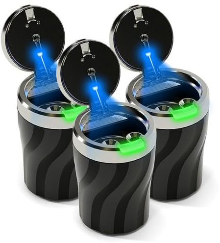 Chingde Aschenbecher mit Deckel, Auto Aschenbecher, Automatisches LED Licht, Hochtemperaturbeständig, Abnehmbar, Flammhemmend, Versiegelt, Großem Fassungsvermögen (3 Stück)
