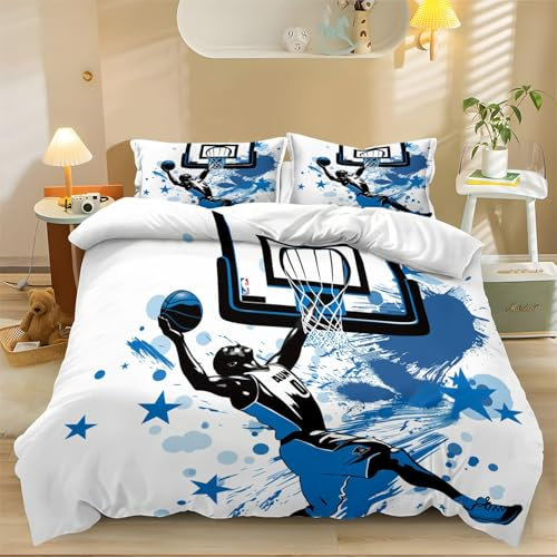 Bettbezug-Set 180 x 200 cm Druck weiche Mikrofaser Anime Sport Basketball Mit Reißverschluss Bettbezug Mit Kissenbezug Für Kinder Und Erwachsene Chlafzimmer Und Gästezimmer Blau Weiß