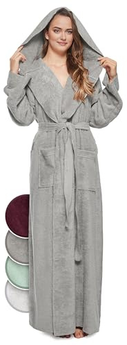 jazzylab Bademantel Damen 100% Baumwolle (340 gm²) mit Kapuze, extra lang, OEKO-TEX, flauschiger Frottee Bademantel, Saunamantel, Morgenmantel, Hausmantel