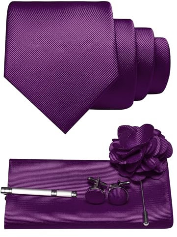 JEMYGINS Herren Krawatte aus Twill mit einfarbigem Design inklusive Pocket Square Manschettenknöpfen Krawattenklemme und Blütenbrosche Geschenkset für Partys Business Hochzeiten Lila