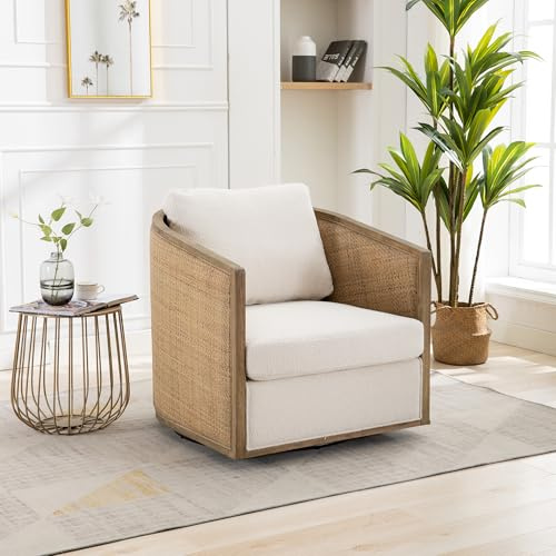 Anwick Brown Swivel Barrel Chair & Rattan Accent Chair, Modern Club Chair, Small Chair, Corner Chairs & Reading Chair for Bedroom, Living Room, Reading Nook, Adults (Beige Boucle)