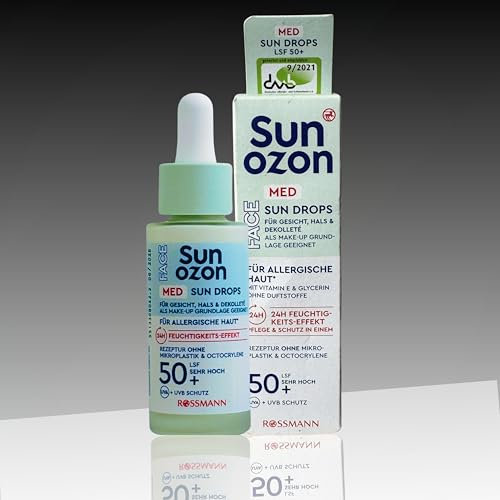 Sun Ozon Med Sun Drops LSF 50+ – Sonnencreme für Gesicht & Hals – Für empfindliche & allergische Haut – Make-up Grundlage – 24H Feuchtigkeit mit Vitamin & Glycerin – 30ml