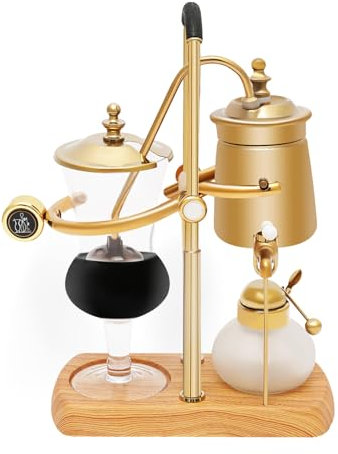 Siphon Kaffeemaschine, 400ml Antik Handgebrühten Kaffee Teekannen Retro Kaffeebereiter Vakuum-Kaffeebereiter mit 180° Schwenkbarem Wasserhahn, Naturholzsockel für Extrahieren Aufbrühen (Gold)