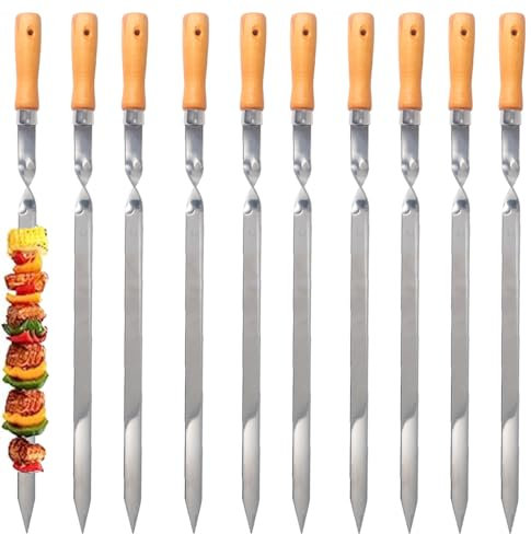 ZMC - 10 brochetas para kebab de 55 cm de acero inoxidable, 2 cm de ancho, 2 mm de grosor, brochetas para carne con mango de madera, para carne, verduras, pescado, estables y reutilizables para
